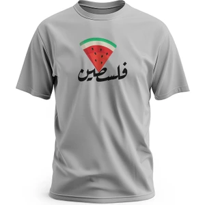 Tişört, Kısa Kollu Arapça Filistin Yazılı Üçgen ve Karpuz Desenli Renkli Baskı