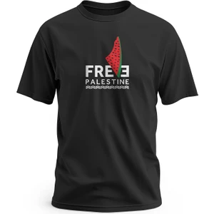 Kısa Kollu Free Palestine Yazısı ve Karpuzlu Filistin Haritası Dijital Baskılı Unisex S - 2xl T300006