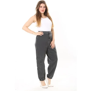 Kadın Büyük Beden Füme Kargo Cepli Paçası Lastik Detaylı Kot Pantolon 65N38028