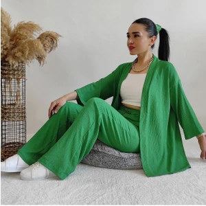 Yeşil Renk Cep Detaylı Bol Paça Kimono Takım