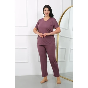 Kadın Büyük Beden  Kısa Kol Penye Pijama Takımı Mürdüm 202405