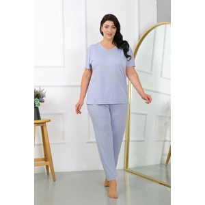 Kadın Büyük Beden  Kısa Kol Penye Pijama Takımı Lila 202405