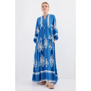 2423 Otantik Desenli Elbise - Beyaz - Indigo