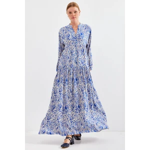 Kadın Desenli Saks Viskon Tesettür Elbise 2423