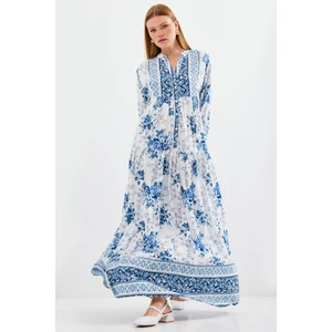 Kadın Mavi Beyaz Viskon Tesettür Elbise 2423