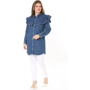 Kadın Büyük Beden Lacivert Volan Detaylı Ön Düğmeli Kot Tunik 65N37891
