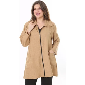 Kadın Büyük Beden Camel Keten Dokuma Ön Fermuar Ve Cepli Astarsız Ceket 65N37787
