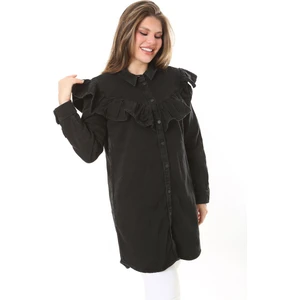 Kadın Büyük Beden Lacivert Volan Detaylı Ön Düğmeli Kot Tunik 65N37891