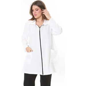 Kadın Büyük Beden Camel Keten Dokuma Ön Fermuar Ve Cepli Astarsız Ceket 65N37787