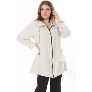 Kadın Büyük Beden Camel Keten Dokuma Ön Fermuar Ve Cepli Astarsız Ceket 65N37787