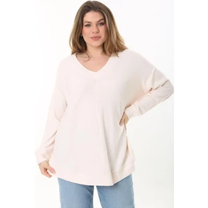 Kadın Büyük Beden Pudra V Yakalı Kendinden Çizgili Uzun Kollu Tunik 65N37527