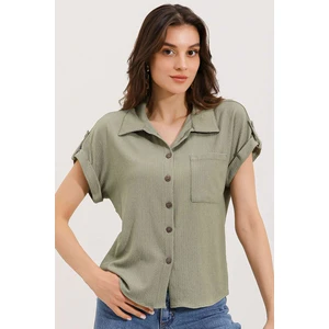 20187 Kısa Kol Oversize Örme Gömlek - Çağla