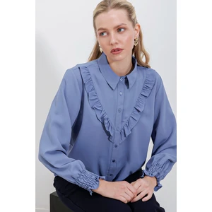 20223 Fırfırlı Uzun Kol Gömlek - Indigo