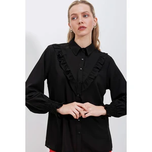 Fırfırlı Uzun Kol Gömlek - Siyah Klasik Stil Düz Desen Kadın Polyester