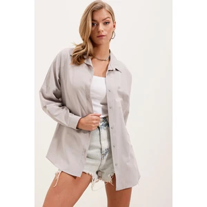 Kadın Gri Düz Oversize Uzun Basic Gömlek 3900