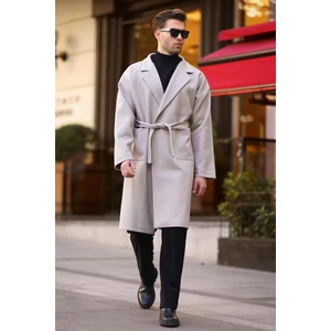 Taş Rengi Kruvaze Yaka Uzun Kaşe Kaban 7215