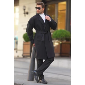 Siyah Kruvaze Yaka Uzun Kaşe Kaban 7215