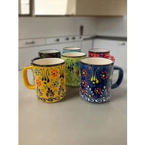 Artistic Quality Dekoratif Çini Işlemeli Büyük Kupa, Duble Kahve Fincanı, Ayran Bardağı, Meşrubat Bardağı 6 Adet