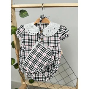 Kız Bebek Şapkalı Pötikare Desenli Çıtçıtlı Romper Badi Ikili Set