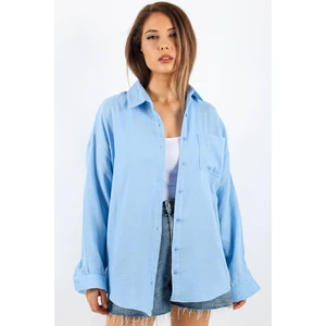 Kadın Yumuşak Müslin Kumaş Uzun Açık Mavi Oversize Gömlek