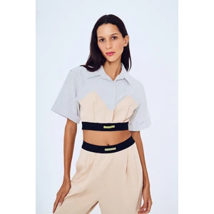 Beli Lastikli Çizgi Detaylı Crop Gömlek Ekru