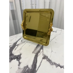 Aslı Hediyelik Lüx Kare 1 Adet  Kalın Kulplu Gold Kaplama  Model Çay,kahve,ikram Servis Sunum Tepsisi 21X21