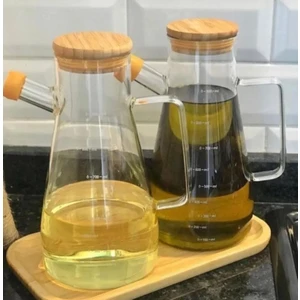 Moda Ozy 2'li Bambu Vakum Kapaklı ve Stantlı Borosilikat Cam Yağlık Sirkelik Masterchef Yağdanlık Seti 900 ml