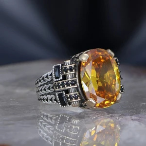 Ksr Moda Zincir Serisi 925 Ayar Sitrin Taşlı Erkek Gümüş Yüzük