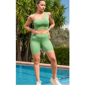 Kadın Fıstık Yeşili Tek Omuz Detaylı Şort Crop Takım