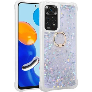 Techno Guru Redmi Note 11 Global Sıvı Simli ve Yüzüklü Şık Milce Premium Silikon Kılıf