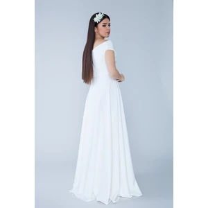 Kayık Yaka Kruvaze Dokuma Dökümlü Kumaş Maxi Boy Abiye Elbise