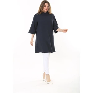 Kadın Büyük Beden Lacivert Dik Yakalı Kendinden Desenli Kapri Kollu Tunik Elbise 65N37518