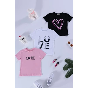 For You Kids 3'lü Love Baskılı Siyah Pembe Beyaz Tshirt