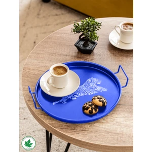 Lin Metal 24 cm Kulplu Metal Tepsi Yuvarlak Çay Tepsisi Sunum Tepsisi Metal Kulplu Kahve Tepsisi (Kaplan Baskılı)