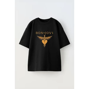 Unisex Bon Jovi Tasarım Baskılı Pamuk Sıyah Oversize T-Shirt