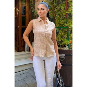 New Laviva Kadın Bej Çizgili Desen, Dokulu Bodrum Kumaş, Kolsuz Rahat Gömlek