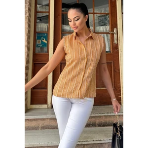 New Laviva Kadın Hardal Çizgili Desen, Dokulu Bodrum Kumaş, Kolsuz Rahat Gömlek