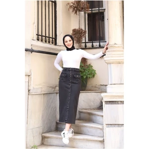 Boydan Düğmeli Körük Cepli Tesettür Etek-  Haki