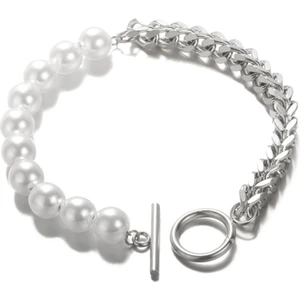 Mingjin Shop 1 Gümüş Gatvıct Punk Büyük Kalın Küba Zincir Paslanmaz Çelik Bilezik Erkekler Için Moda Yarım Inci Ot Toka Bilezik Kadın Tasarım Takı (Yurt Dışından)