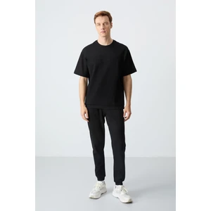 Air Jones Siyah Pamuklu Kalın Yumuşak Dokulu Oversize Fit Basic Erkek Eşofman Takım - 85261
