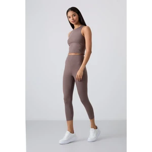 Kahverengi Yüksek Bel Kapri-Crop Atlet Slim Fit Kadın Tayt Takım - 95284