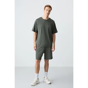 Air Jones Haki Pamuklu Kalın Yumuşak Dokulu Oversize Fit Basic Erkek Şort Takım - 85257
