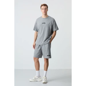 Air Jones Gri Melanj Pamuklu Kalın Yumuşak Dokulu Oversize Fit Basic Erkek Şort Takım - 85259