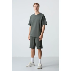 Air Jones Haki Pamuklu Kalın Yumuşak Dokulu Oversize Fit Basic Erkek Şort Takım - 85259