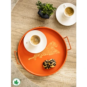 Lin Metal 24 cm Kulplu Metal Tepsi Yuvarlak Çay Tepsisi Sunum Tepsisi Metal Kulplu Kahve Tepsisi (Kaplan Baskılı)