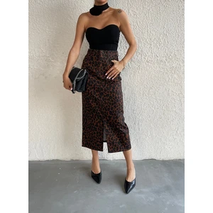 Aref Jeans Önü Yırtmaçlı Leopar Desenli Kot Etek