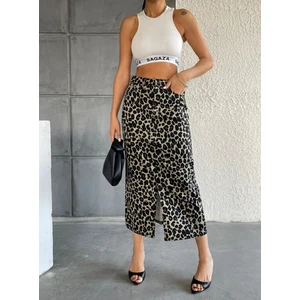 Aref Jeans Önü Yırtmaçlı Leopar Desenli Kot Etek