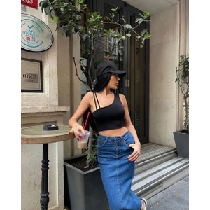Aref Jeans Arkası Yırtmaçlı Uzun Kot Etek