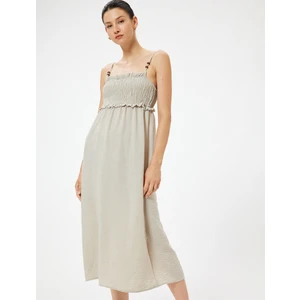 Ince Askılı Midi Boy Fırfırlı Elbise Gipeli Boncuk Detaylı