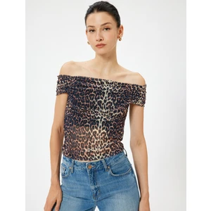 Leopar Desenli Madonna Yaka Bluz Tül Drape Detaylı